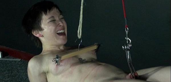  Japanese BDSM and Tit Torment of dungeon submissive Mei Mara in metal clamped